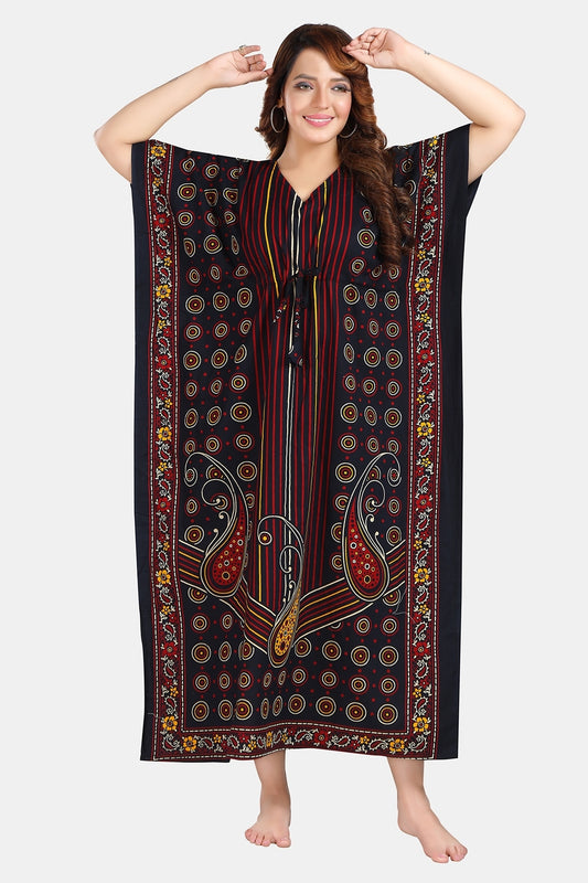 Fabme Women's Navy Blue Kaftan Cotton Full Length EveryDay Night Dress Nighty