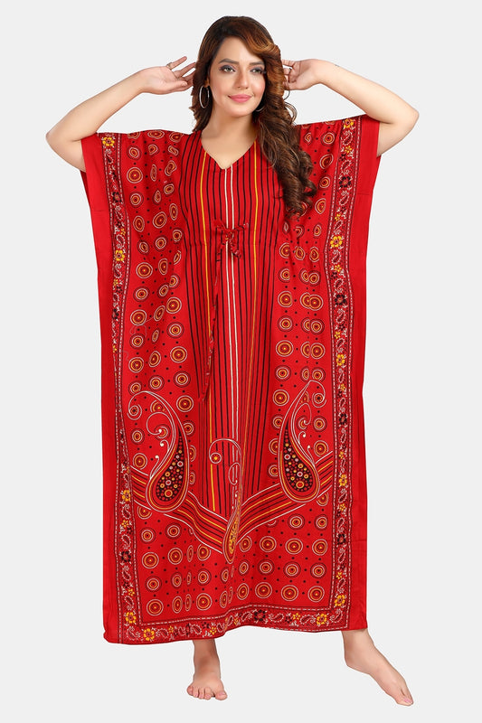 Fabme Women's Red Kaftan Cotton Full Length EveryDay Night Dress Nighty