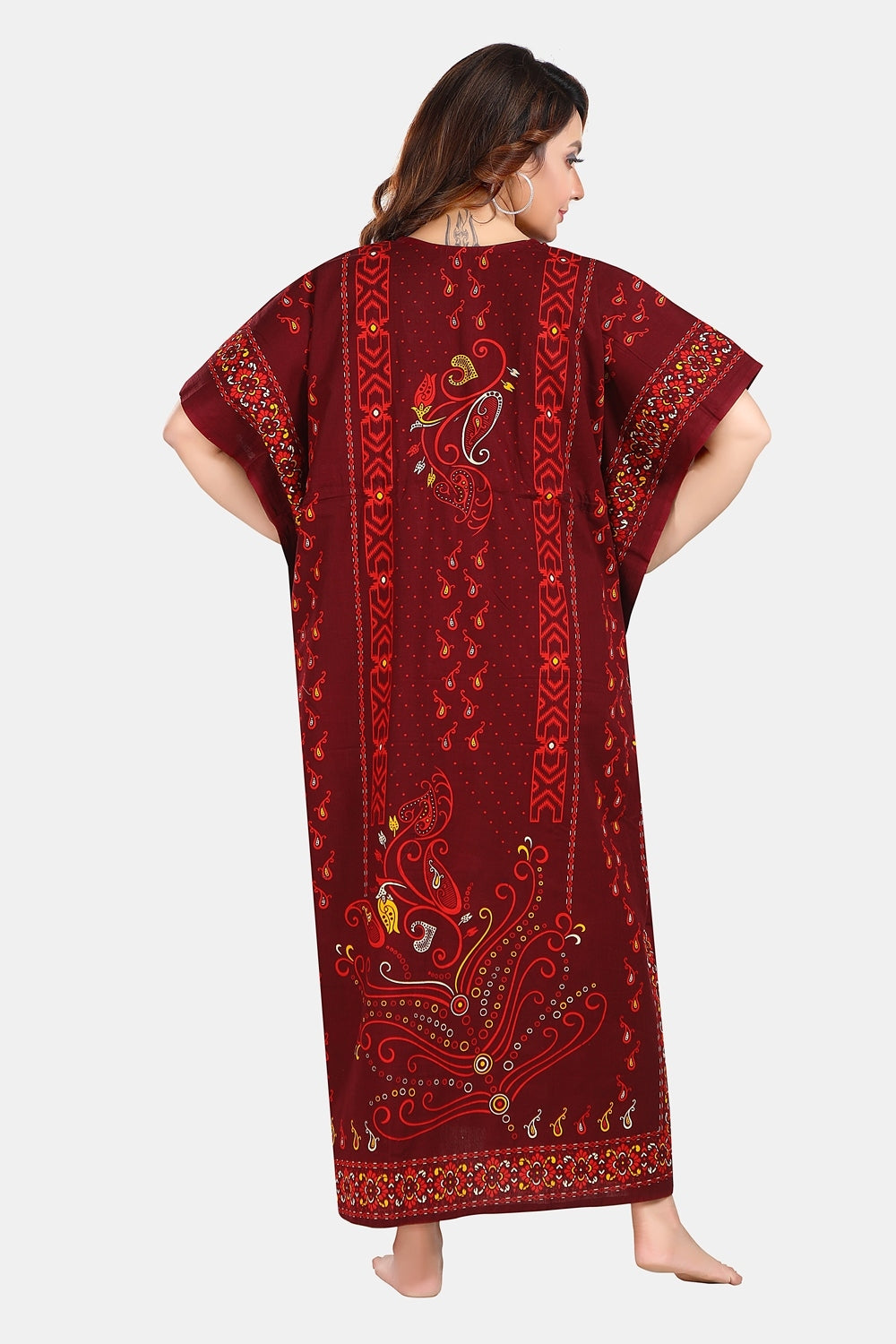 Fabme Women's Maroon Kaftan Cotton Full Length EveryDay Night Dress Nighty