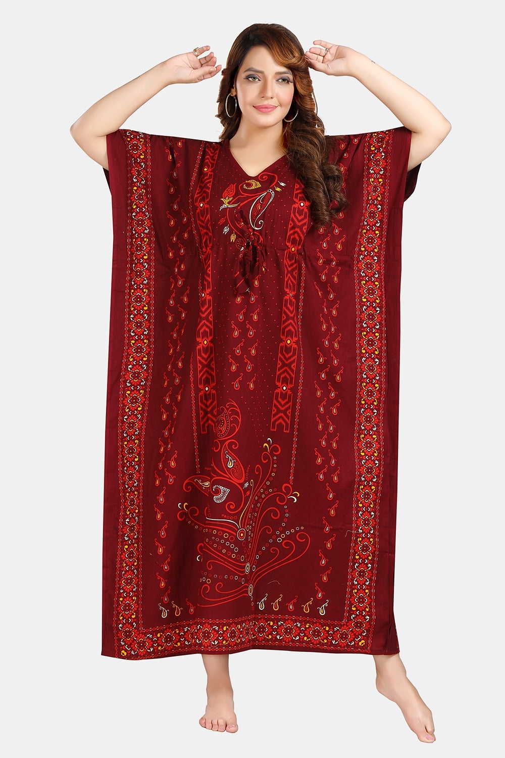 Fabme Women's Maroon Kaftan Cotton Full Length EveryDay Night Dress Nighty