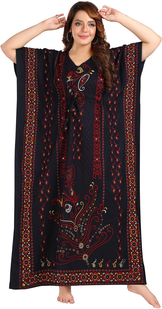 Fabme Women's Navy Blue Kaftan Cotton Full Length EveryDay Night Dress Nighty