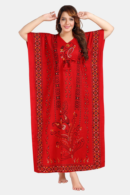 Fabme Women's Red Kaftan Cotton Full Length EveryDay Night Dress Nighty