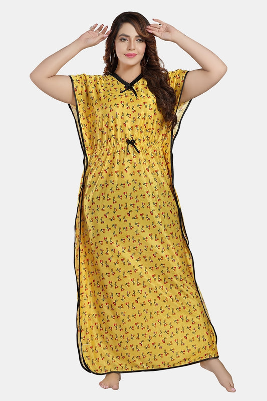 Fabme Women's Yellow Kaftan Satin Full Length EveryDay Night Dress Nighty