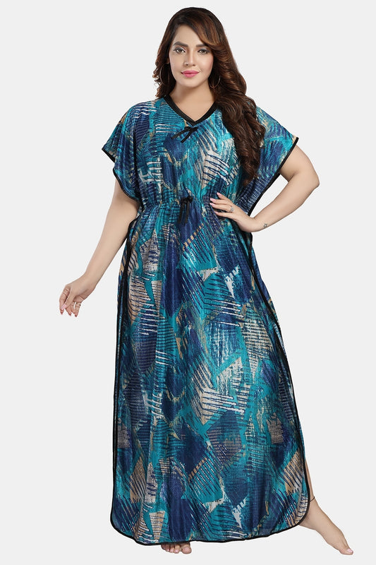 Fabme Women's Sea Green Kaftan Satin Full Length EveryDay Night Dress Nighty
