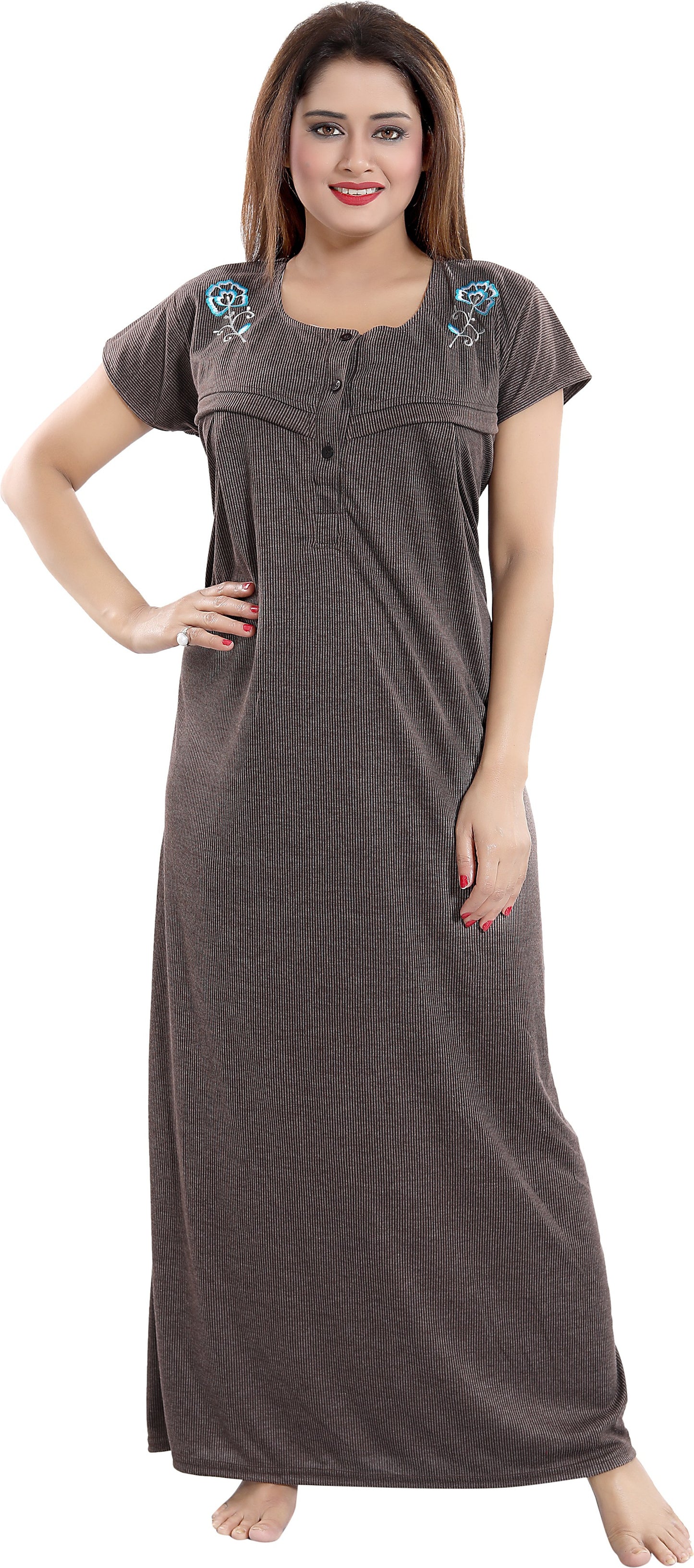 Fabme Women's Chocolate Horizontal Zip Polycotton Full Length Maternity Night Dress Nighty