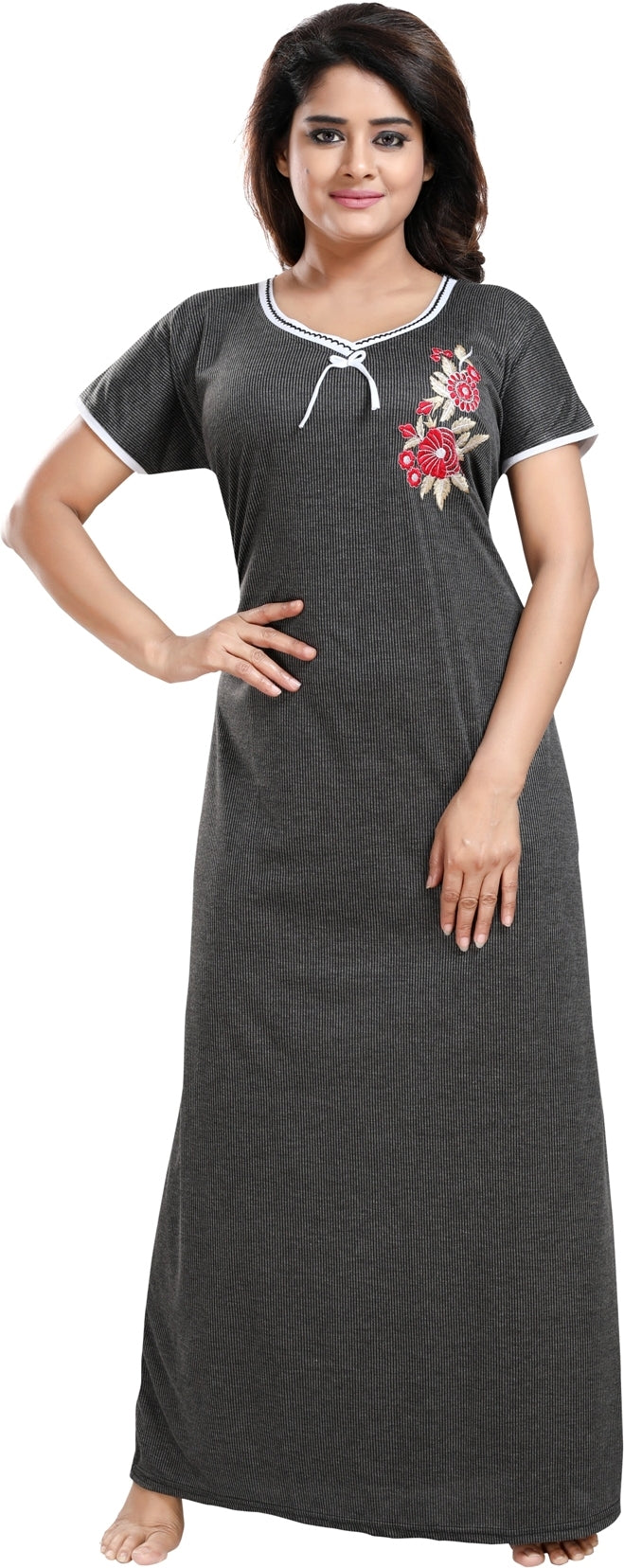 Fabme Women's Black Embroidered Polycotton Full Length EveryDay Night Dress Nighty