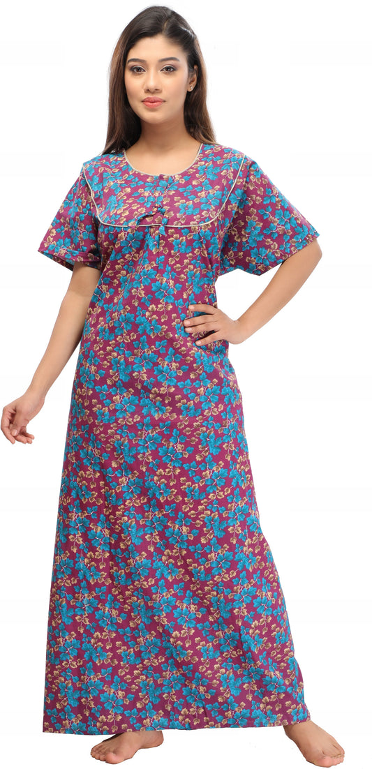 Fabme Women's Maroon Printed Cotton Full Length EveryDay Night Dress Nighty