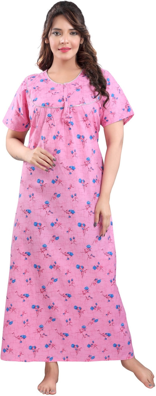 Fabme Women's Pink Printed Cotton Full Length EveryDay Night Dress Nighty