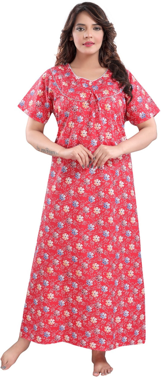 Fabme Women's Red Printed Cotton Full Length EveryDay Night Dress Nighty