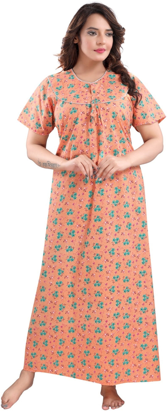 Fabme Women's Orange Printed Cotton Full Length EveryDay Night Dress Nighty