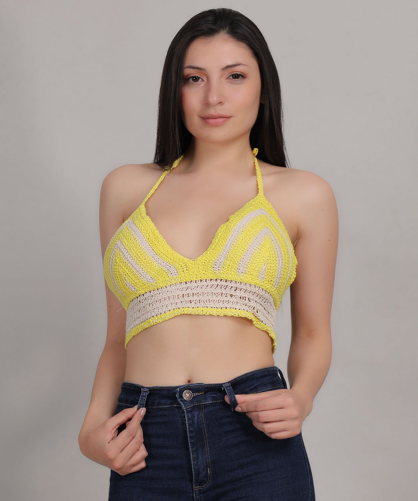 Fabme Women's Padded Crochet Halter Crop Top