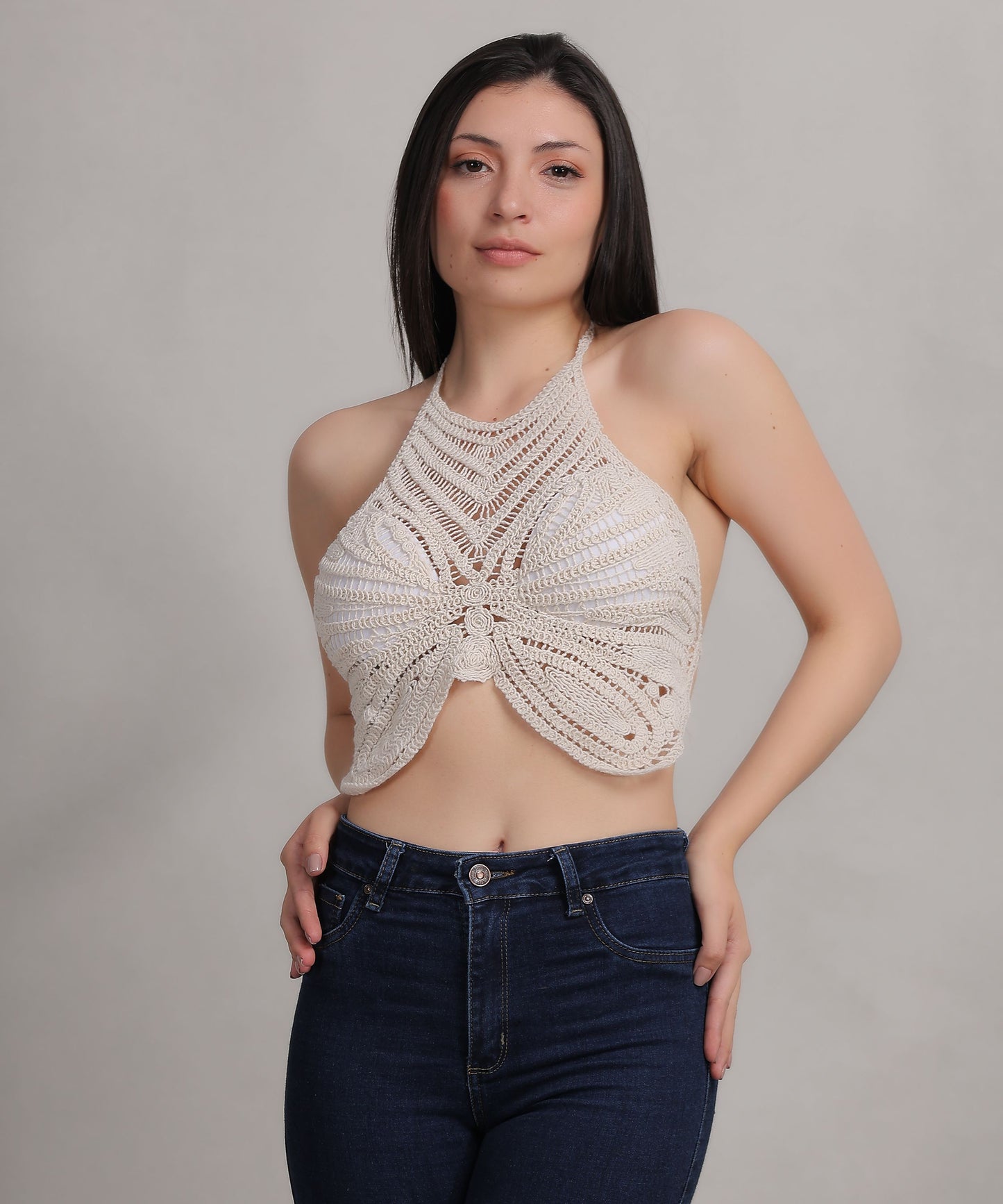 Fabme Women's Butterfly Shaped Padded Crochet Halter Crop Top