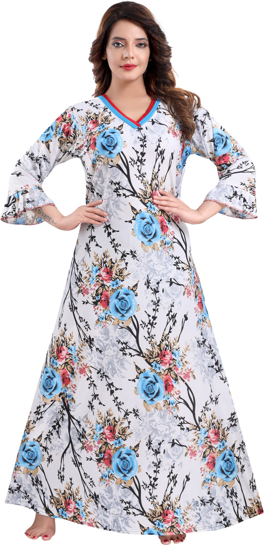 Fabme Women's Light Blue Printed Sarina Satin / Polyester Full Length EveryDay Night Dress Nighty