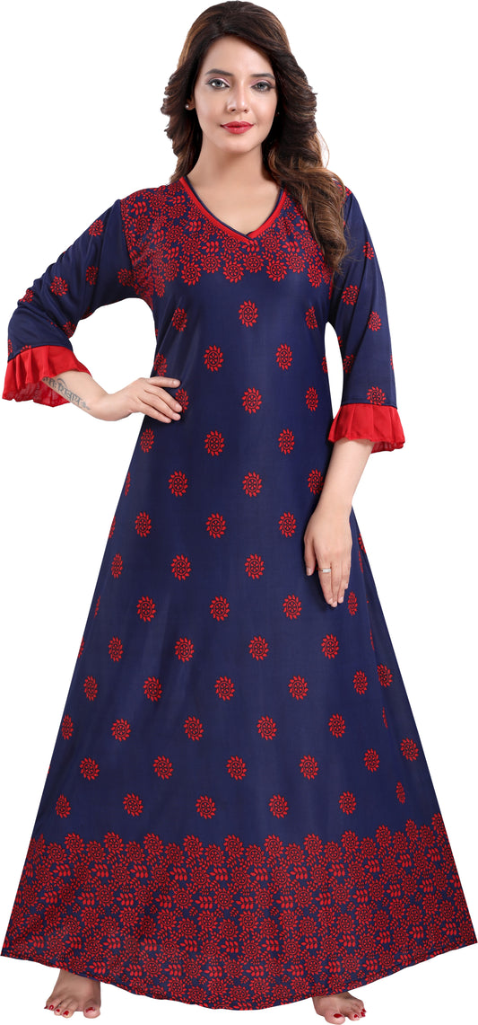 Fabme Women's Red Printed Sarina Satin / Polyester Full Length EveryDay Night Dress Nighty