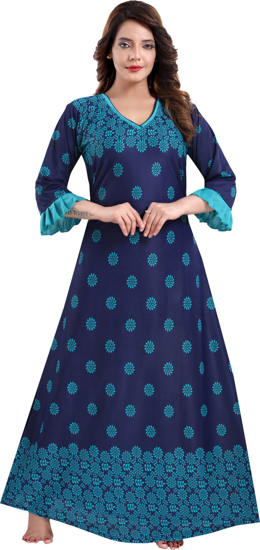 Fabme Women's Sea Green Printed Sarina Satin / Polyester Full Length EveryDay Night Dress Nighty