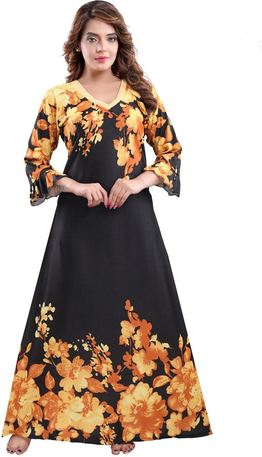 Fabme Women's Orange Printed Sarina Satin / Polyester Full Length EveryDay Night Dress Nighty