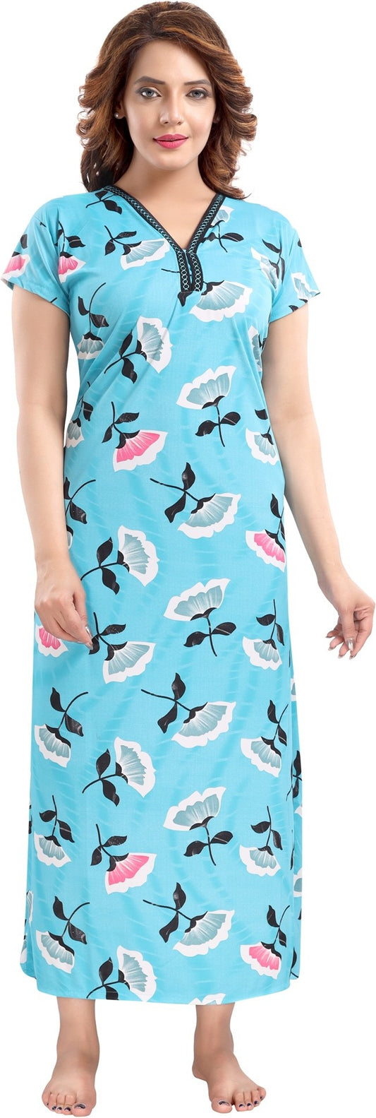 Fabme Women's Light Blue Printed Sarina Satin / Polyester Full Length EveryDay Night Dress Nighty