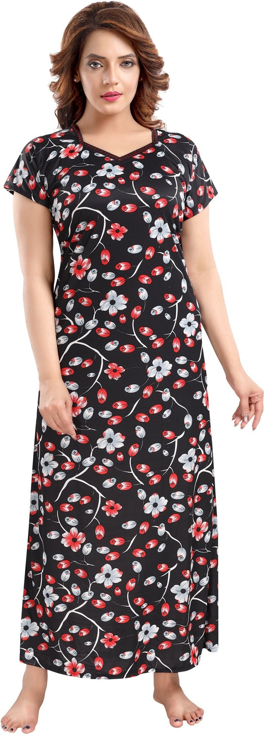 Fabme Women's Red Printed Sarina Satin / Polyester Full Length EveryDay Night Dress Nighty