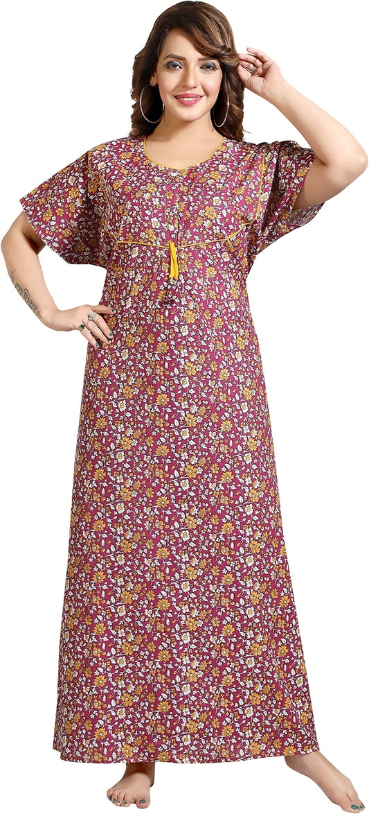 Fabme Women's Lavender Printed Cotton Full Length EveryDay Night Dress Nighty