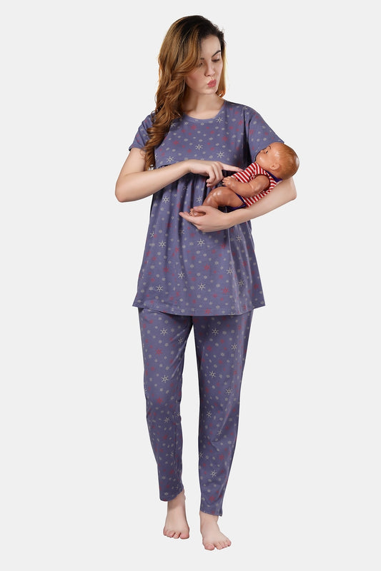 Fabme Women's Purple Horizontal Zip Pure Cotton Maternity  Top and Pyjama Set