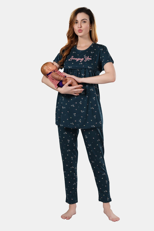 Fabme Women's Dark Green Horizontal Zip Pure Cotton Maternity  Top and Pyjama Set