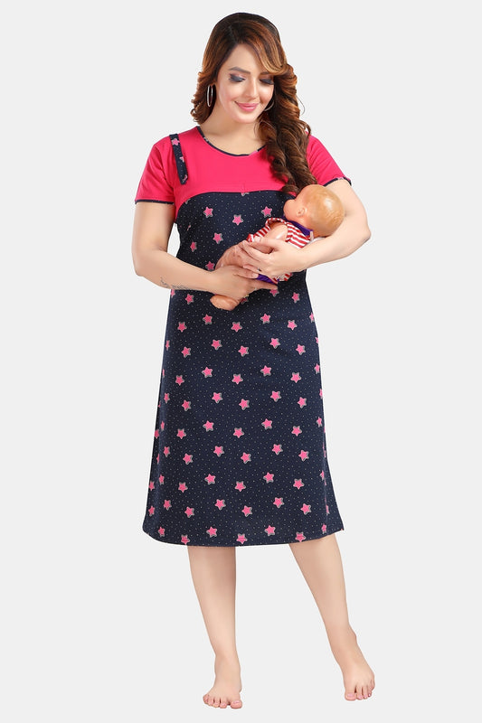 Fabme Women's Dark Pink Horizontal Zip Sinker Cotton Full Length Maternity Night Dress Nighty