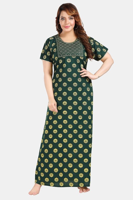 Fabme Women's Dark Green Mirror Work Cotton Full Length EveryDay Night Dress Nighty