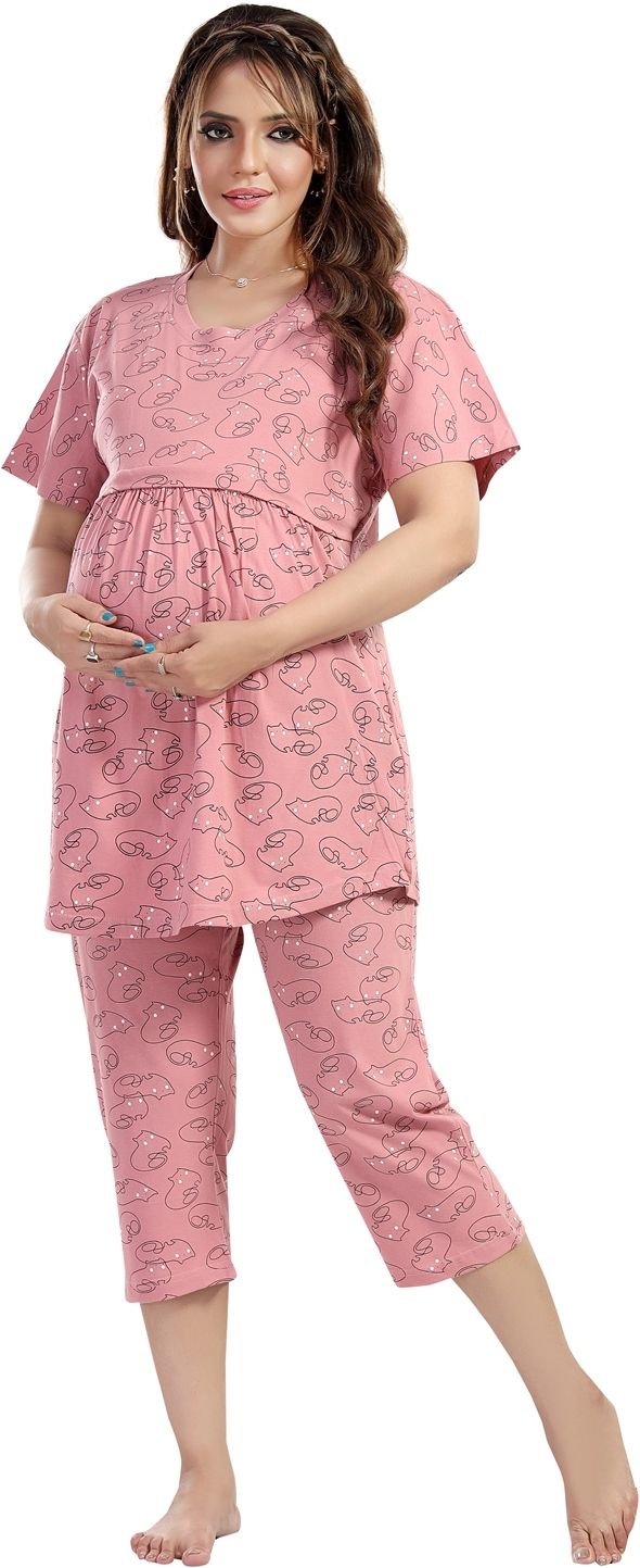 Fabme Women's Nursing and Maternity Top and Capri Set - Pink