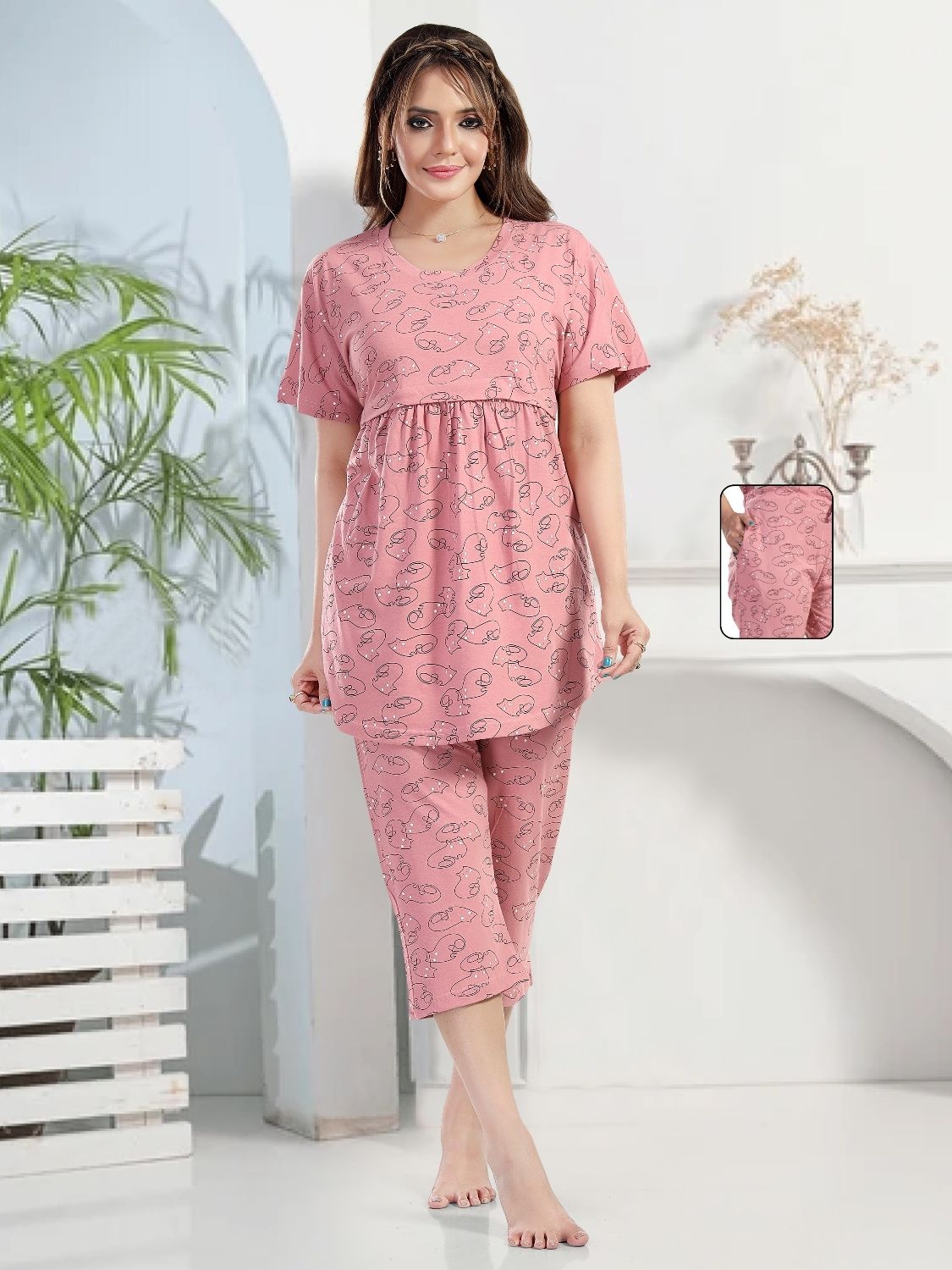 Fabme Women's Nursing and Maternity Top and Capri Set - Pink