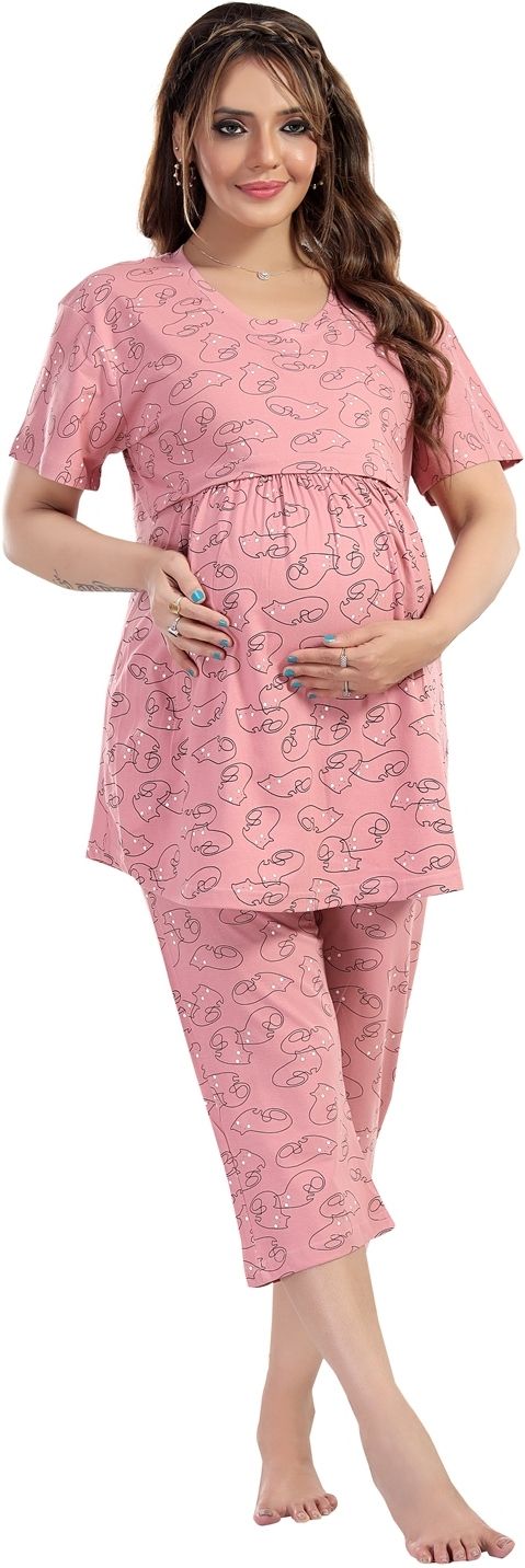 Fabme Women's Nursing and Maternity Top and Capri Set - Pink
