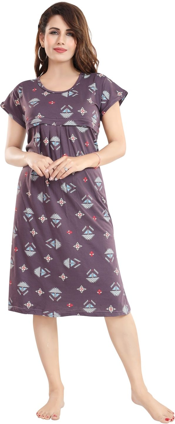 Fabme Women's Pre and Post Pregnancy Below Knee Length Nursing Nighty - Purple