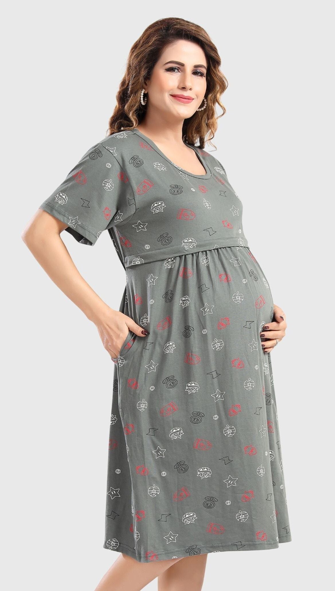 Fabme Women's Pre and Post Pregnancy Below Knee Length Nursing Nighty - Green