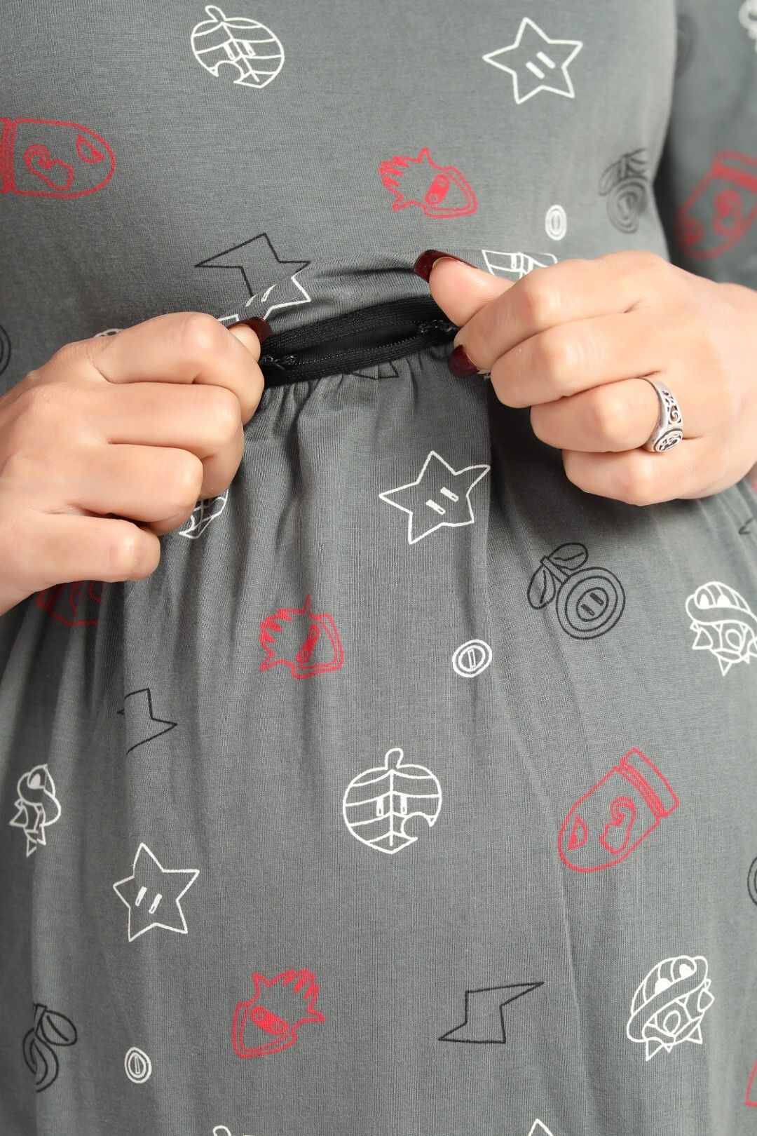 Fabme Women's Pre and Post Pregnancy Below Knee Length Nursing Nighty - Green