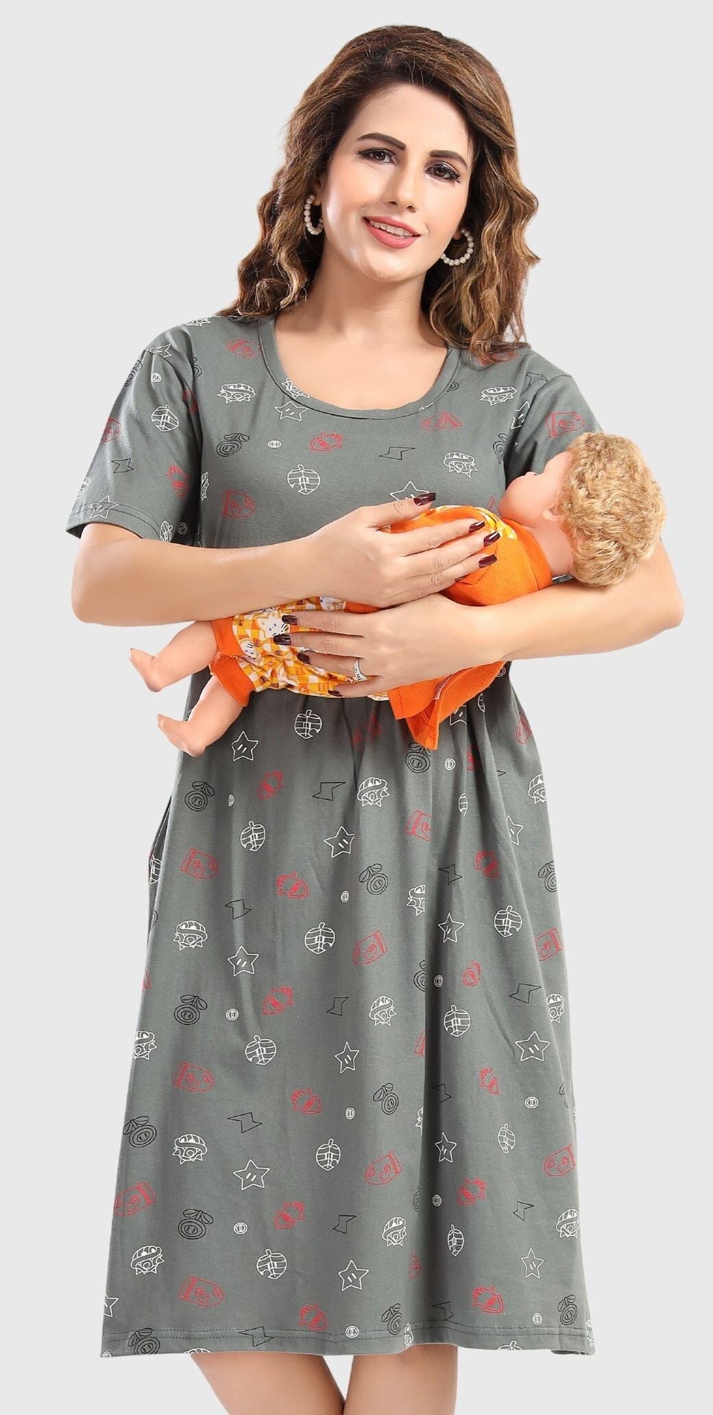 Fabme Women's Pre and Post Pregnancy Below Knee Length Nursing Nighty - Green