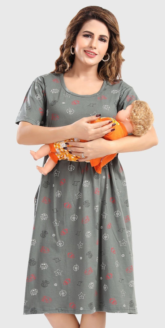 Fabme Women's Pre and Post Pregnancy Below Knee Length Nursing Nighty - Green