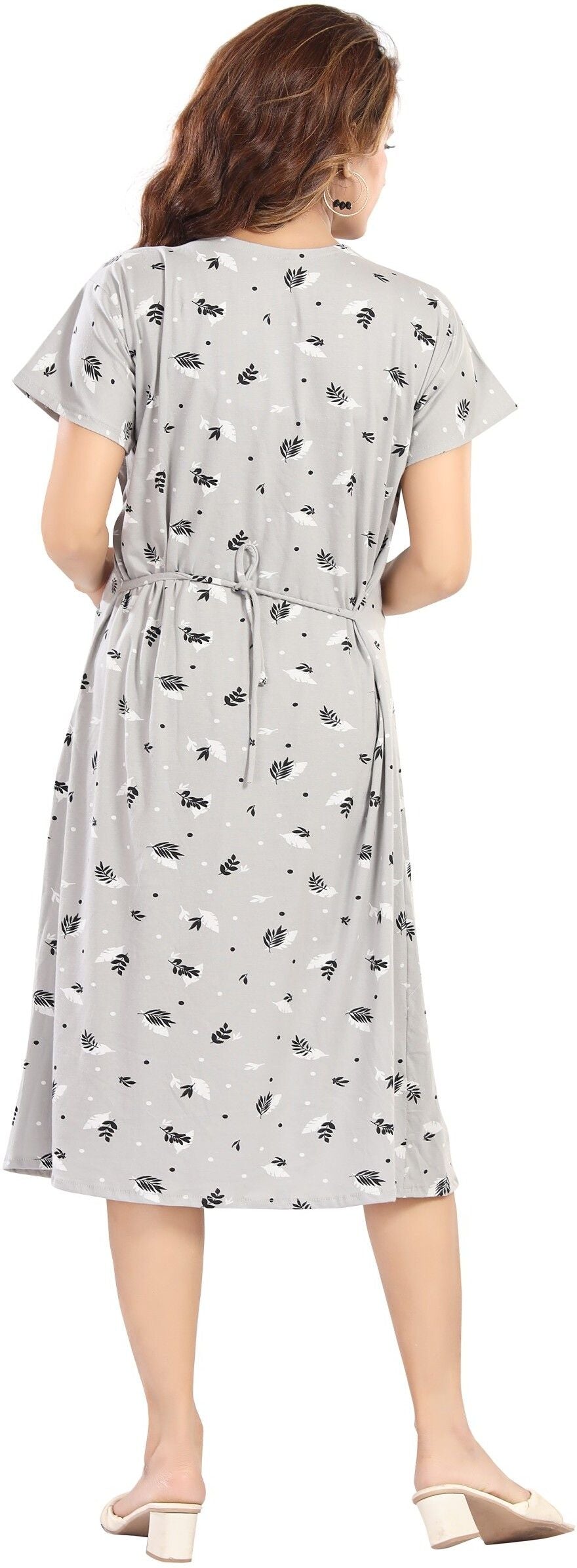 Fabme Women's Pre and Post Pregnancy Below Knee Length Nursing Nighty - Light Grey