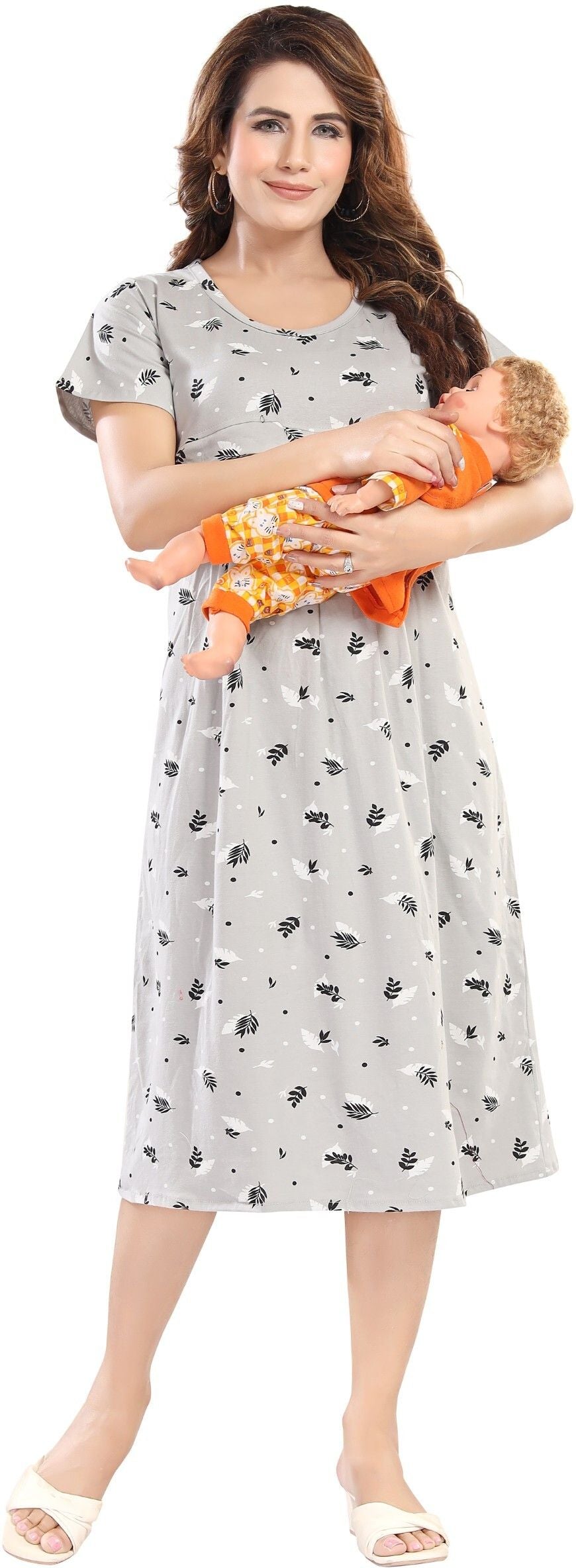 Fabme Women's Pre and Post Pregnancy Below Knee Length Nursing Nighty - Light Grey