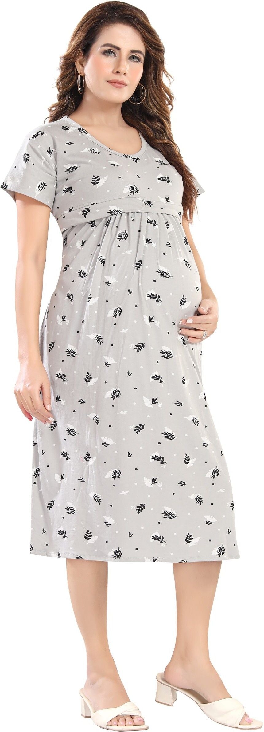 Fabme Women's Pre and Post Pregnancy Below Knee Length Nursing Nighty - Light Grey