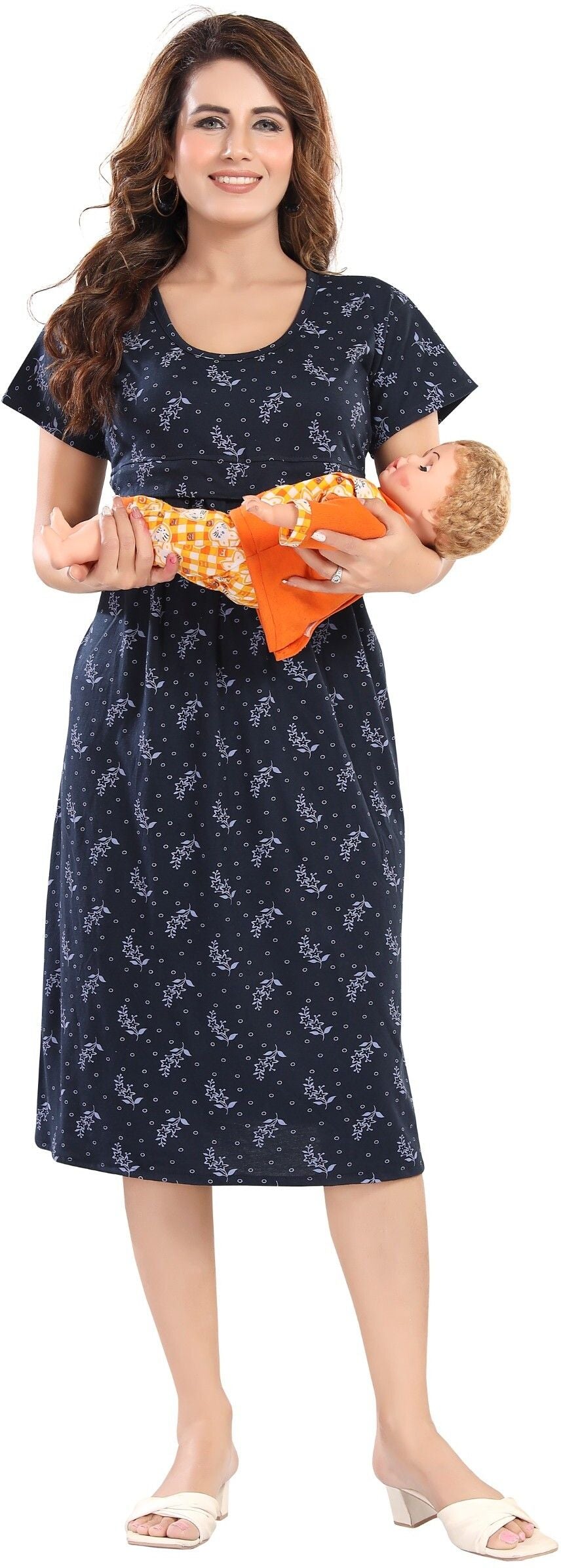 Fabme Women's Pre and Post Pregnancy Below Knee Length Nursing Nighty - Navy Blue