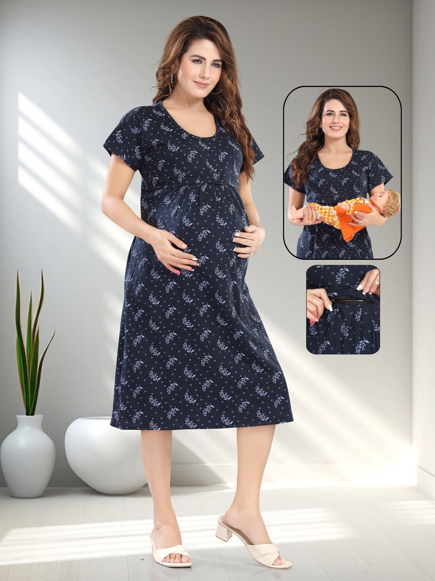 Fabme Women's Pre and Post Pregnancy Below Knee Length Nursing Nighty - Navy Blue