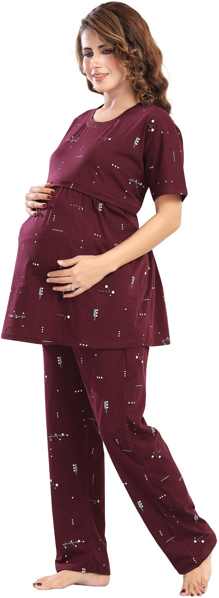 Fabme Pure Cotton Knit Half Sleeves Printed Night Suit - Purple