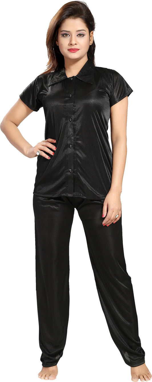 Fabme Women's Black  Satin EveryDay  Top and Pyjama Set
