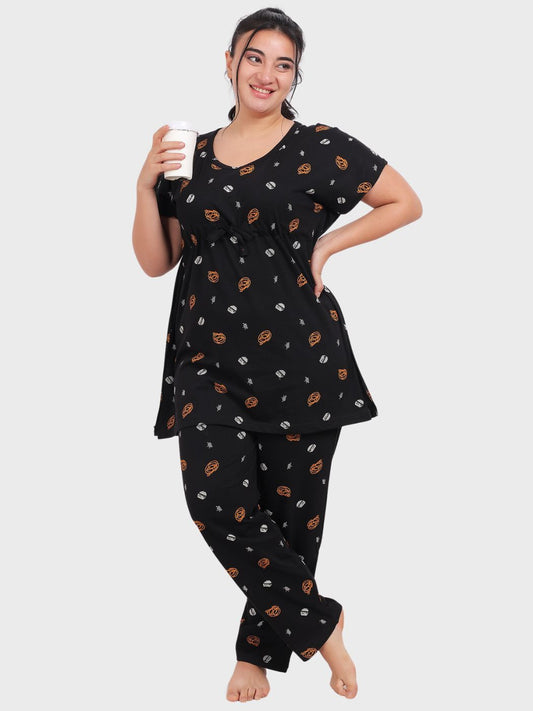 Fabme Women's Black Printed Sinker Cotton EveryDay  Top and Pyjama Set