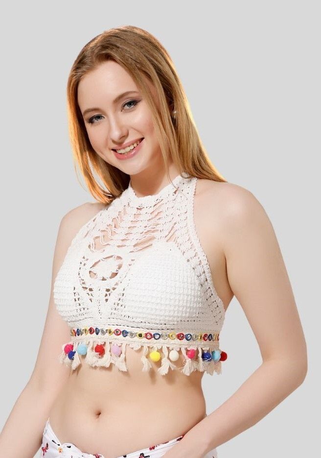 Fabme Women's Crochet Halter Neck Padded Bikini attached Pad Lace Up Beachwear Bralette Crop Top/Bra with Tassles