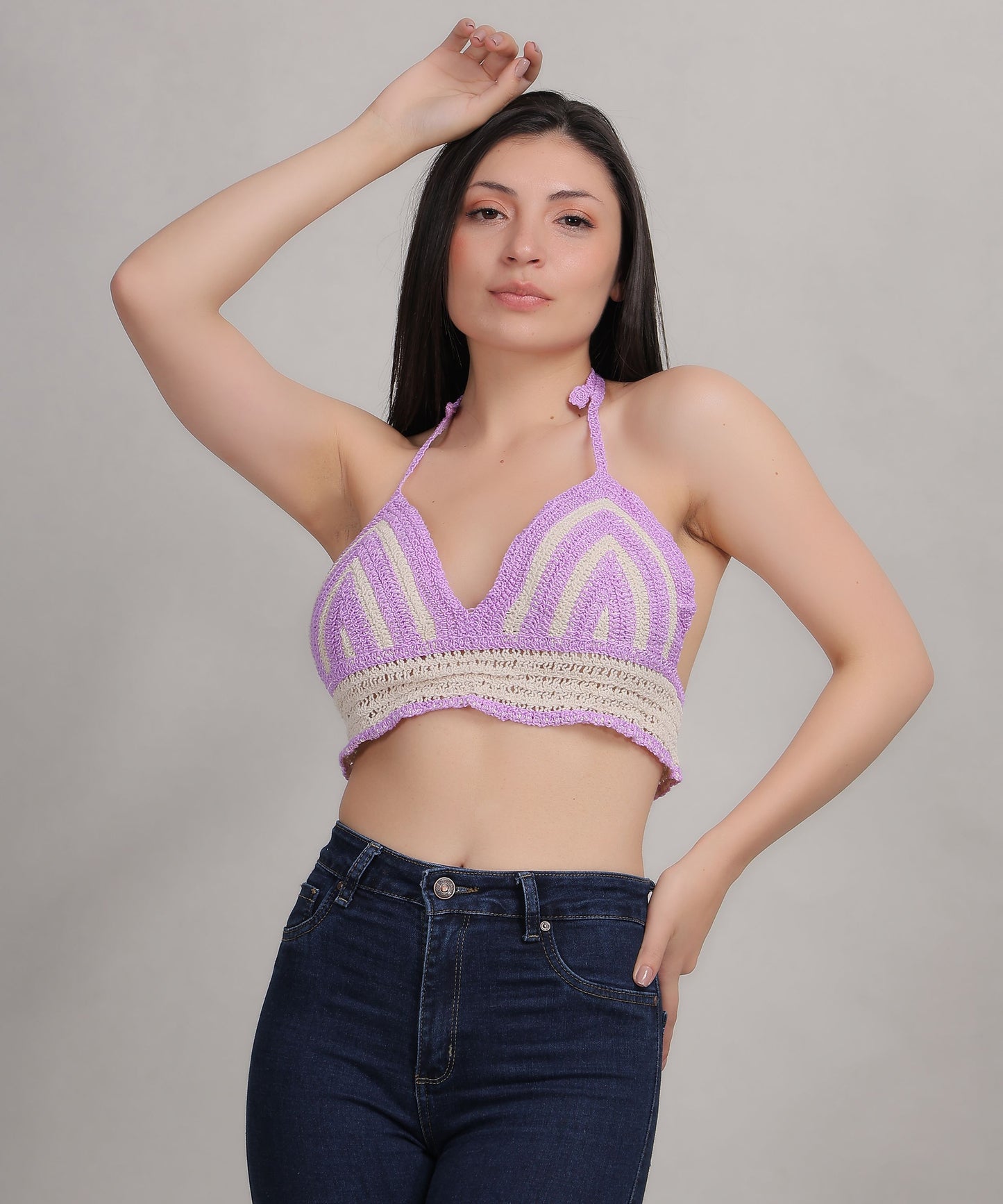 Fabme Women's Padded Crochet Halter Crop Top