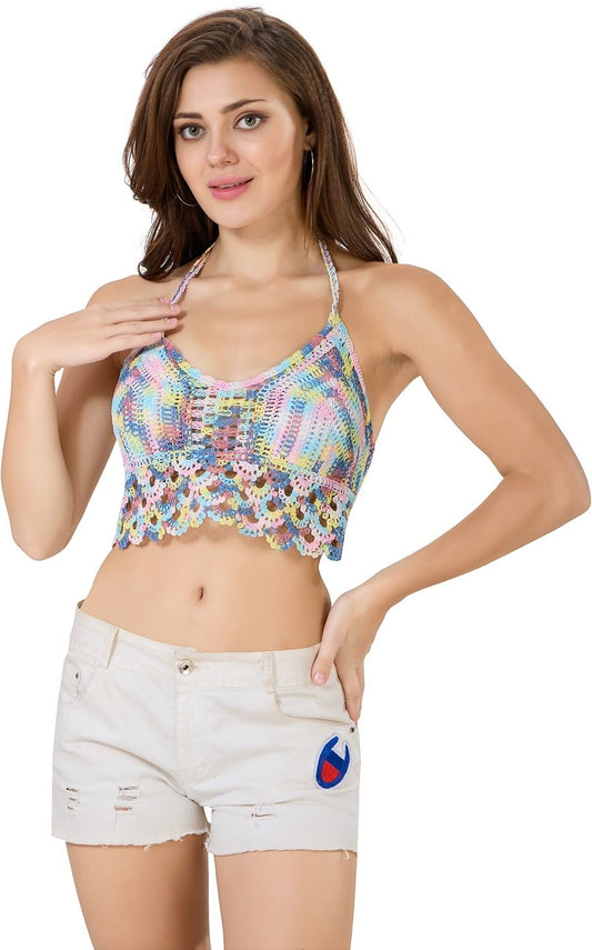 Fabme Crochet Halter Neck Padded Bikini attached Pad Lace Up Beachwear Bralette Crop Top/Bra - Multicolored