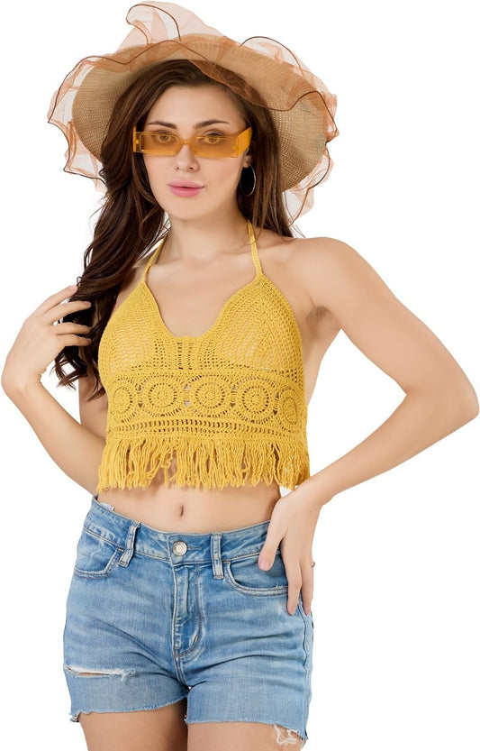 Fabme Crochet Halter Neck Padded Bikini attached Pad Lace Up Beachwear Bralette Crop Top/Bra - Yellow