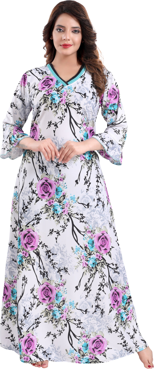 Fabme Women's Purple Printed Sarina Satin / Polyester Full Length EveryDay Night Dress Nighty