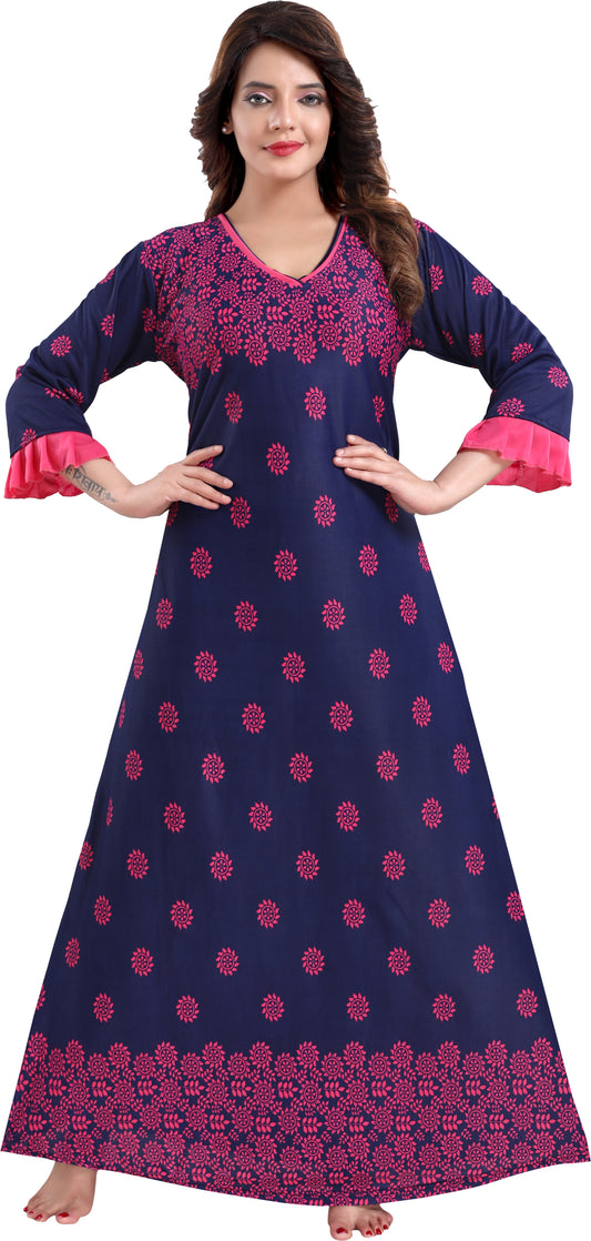 Fabme Women's Dark Pink Printed Sarina Satin / Polyester Full Length EveryDay Night Dress Nighty