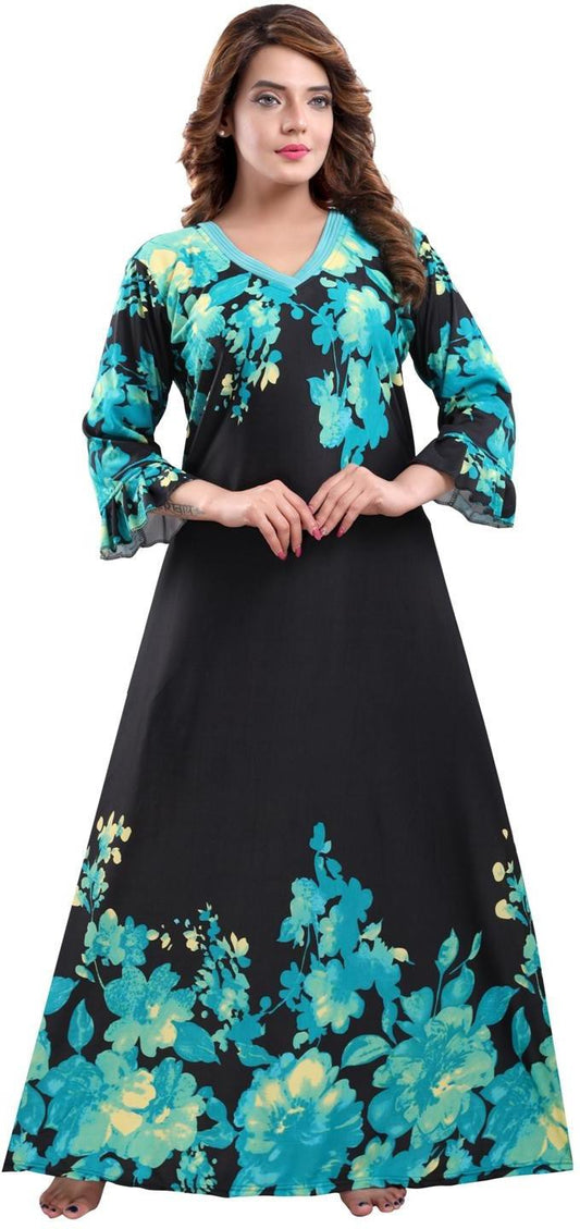 Fabme Women's Sea Green Printed Sarina Satin / Polyester Full Length EveryDay Night Dress Nighty